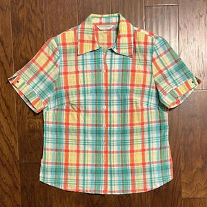 Vintage Allison Daley Lightweight Short Sleeve Blouse Bright Plaid